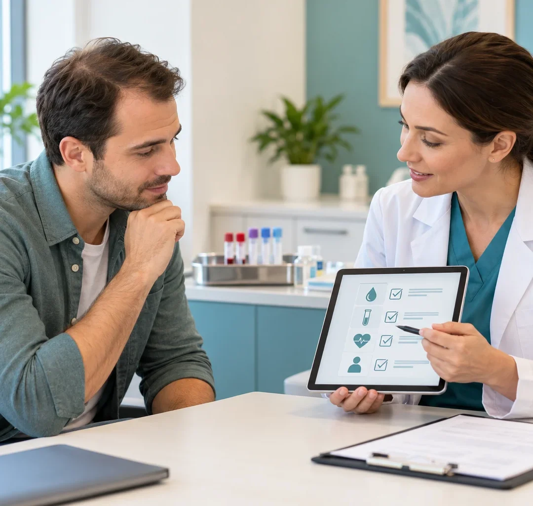 Clinician discussing preoperative hair transplant tests with a patient