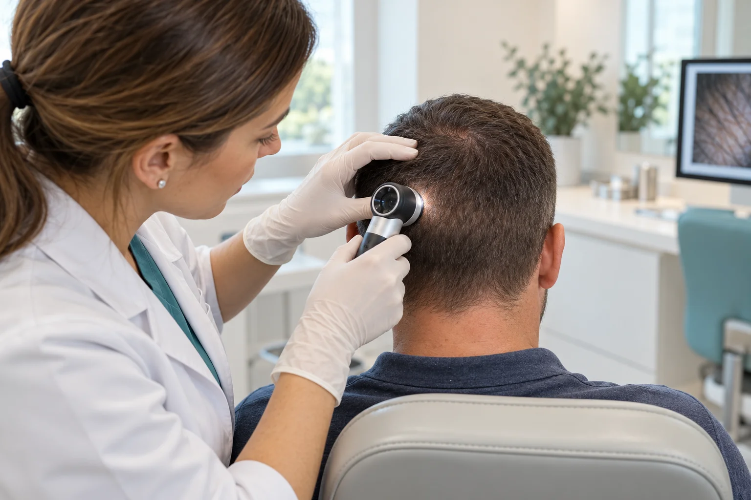 Clinician examining the scalp and donor area before a hair transplant