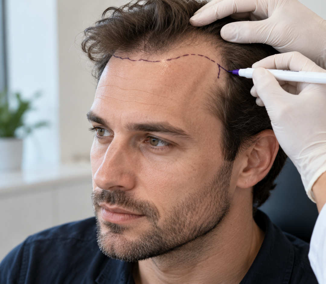 Illustrative consultation showing a clinician marking an individualized natural hairline