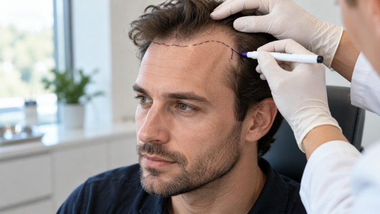 Illustrative consultation showing a clinician marking an individualized natural hairline