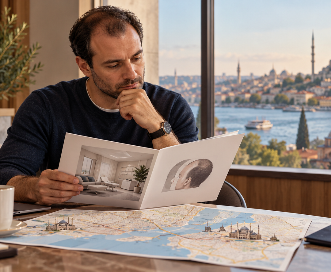Illustration of a patient considering consultation and travel plans for a hair transplant in Turkey