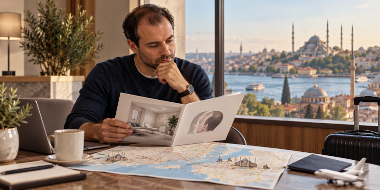 Illustration of a patient considering consultation and travel plans for a hair transplant in Turkey